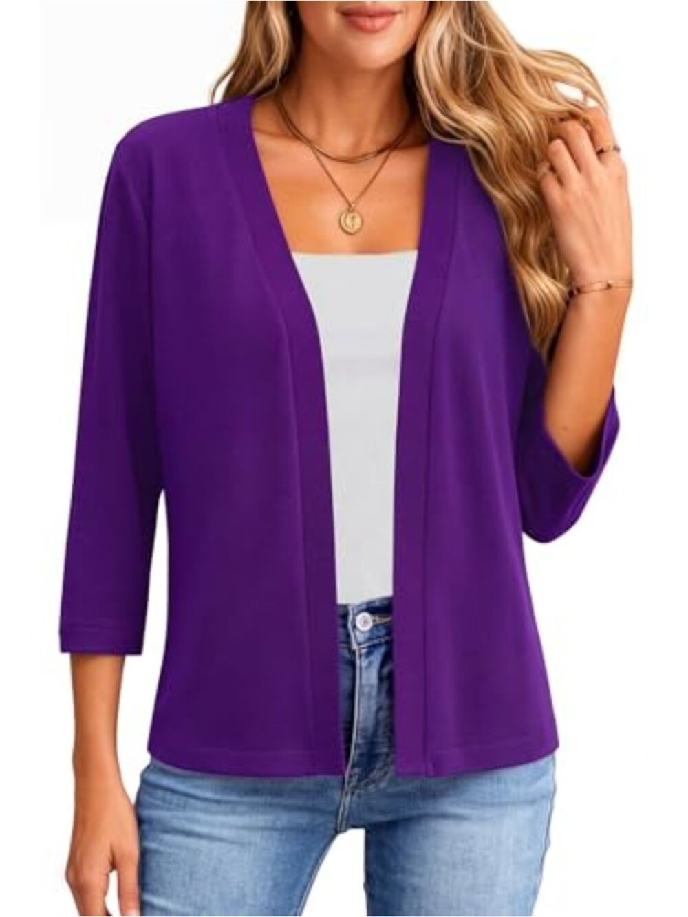 3/4 Sleeve Open Front Cropped Cardigan Sweater Lightweight Knit Shrug